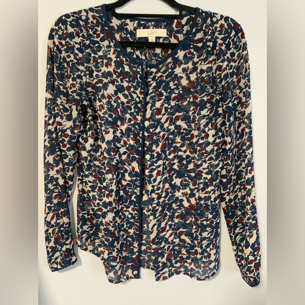 LOFT Floral Print Blouse Navy Burgundy Button Front Top XS